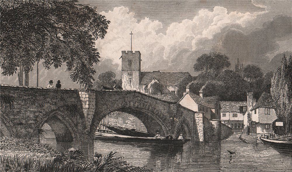 St Peter & St Paul's Church & bridge, Aylesford, Kent. BARTLETT 1829 old print